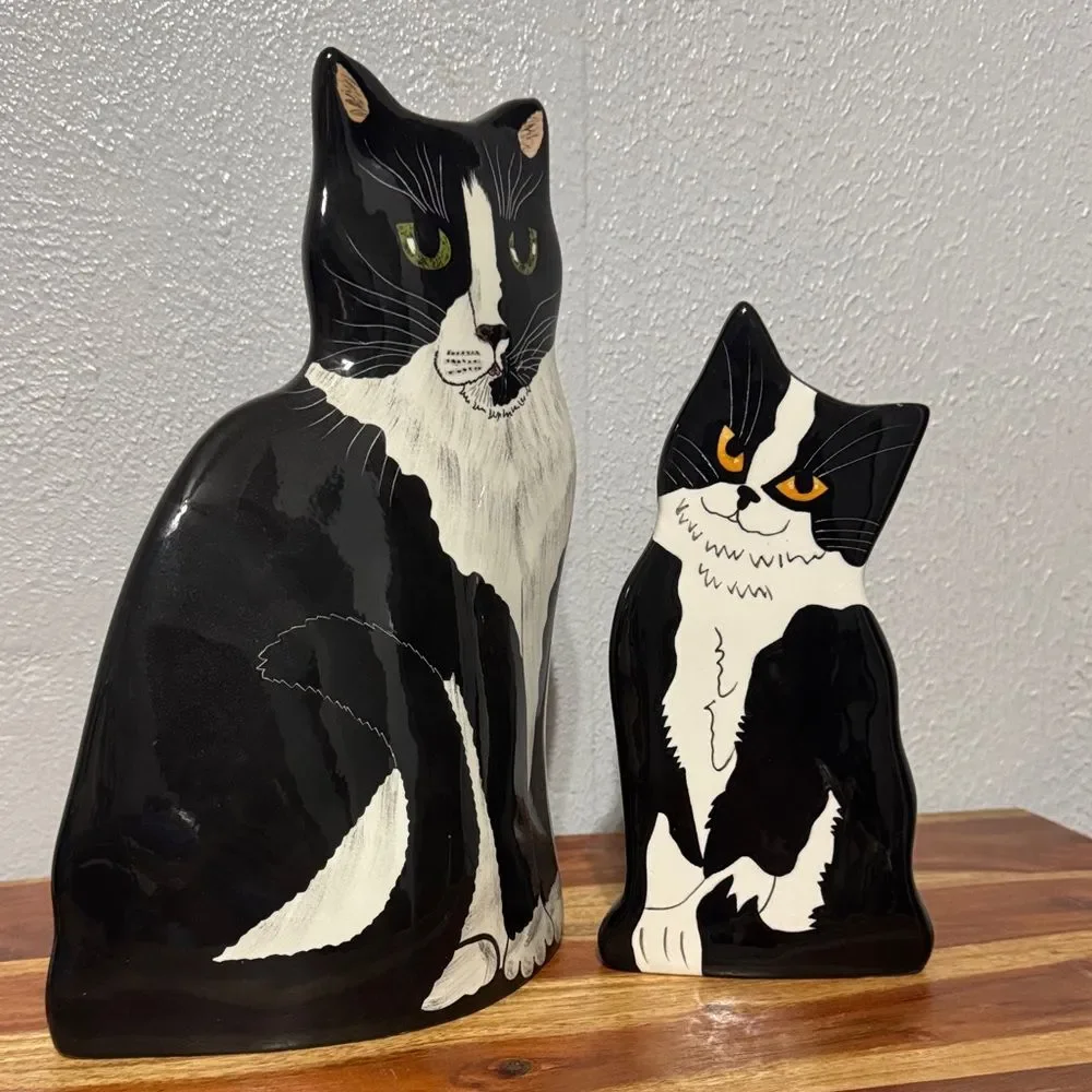Ceramic Black White Tuxedo Cat Flower Vase by Cats By Nina Lyman Artist Decor